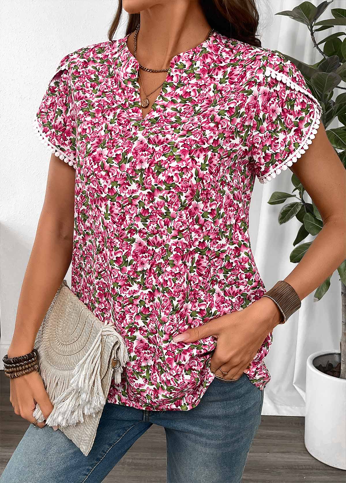 Hot Pink Floral Print Tummy Coverage Short Sleeve Blouse | picture 