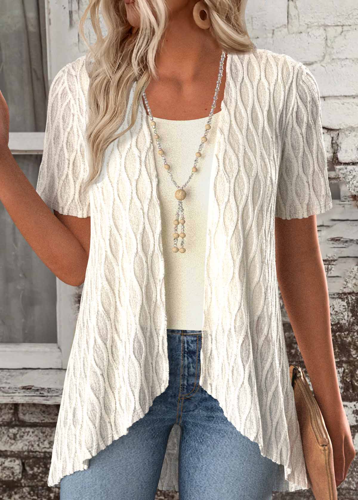 Beige Short Sleeve Fake Two Piece Twinset | picture 