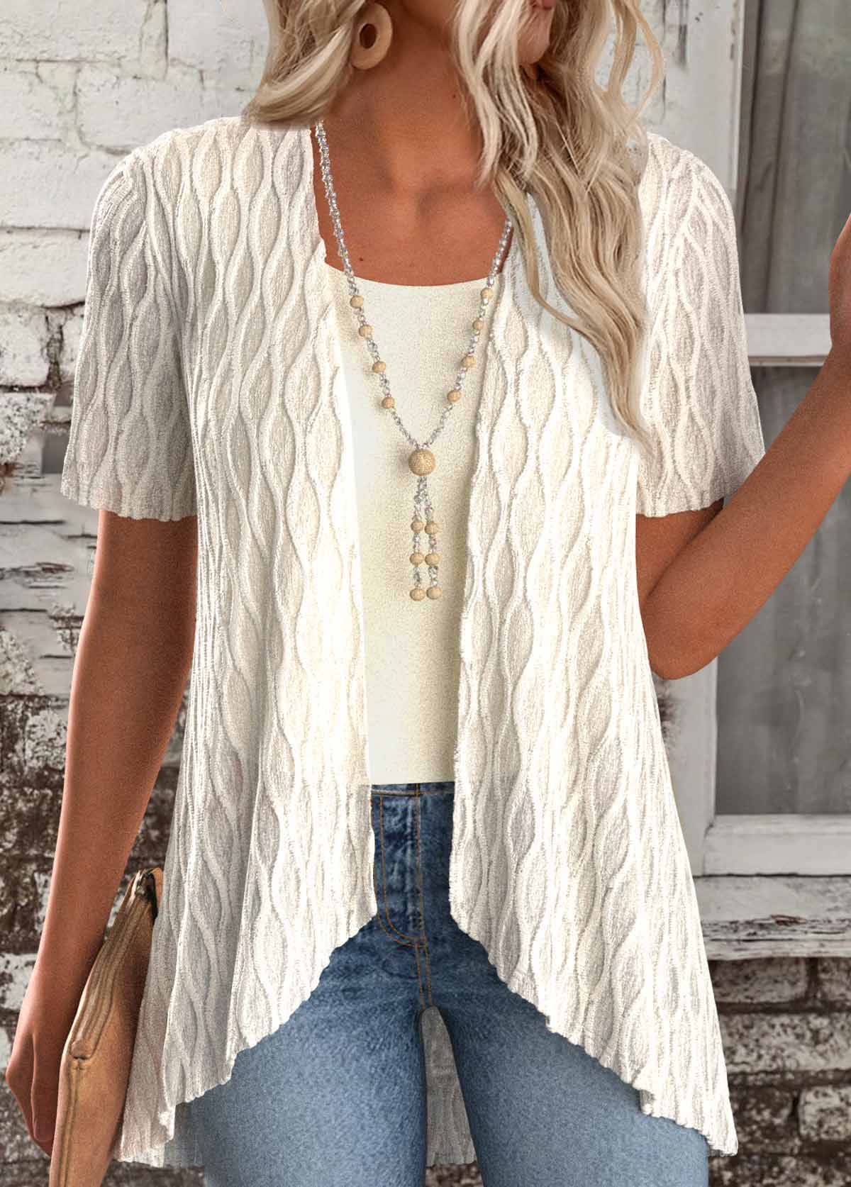 Beige Short Sleeve Fake Two Piece Twinset | picture 