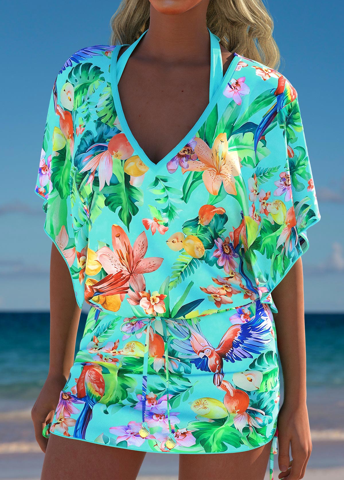 Tropical Plants Print Mint Green Cover Up | picture 