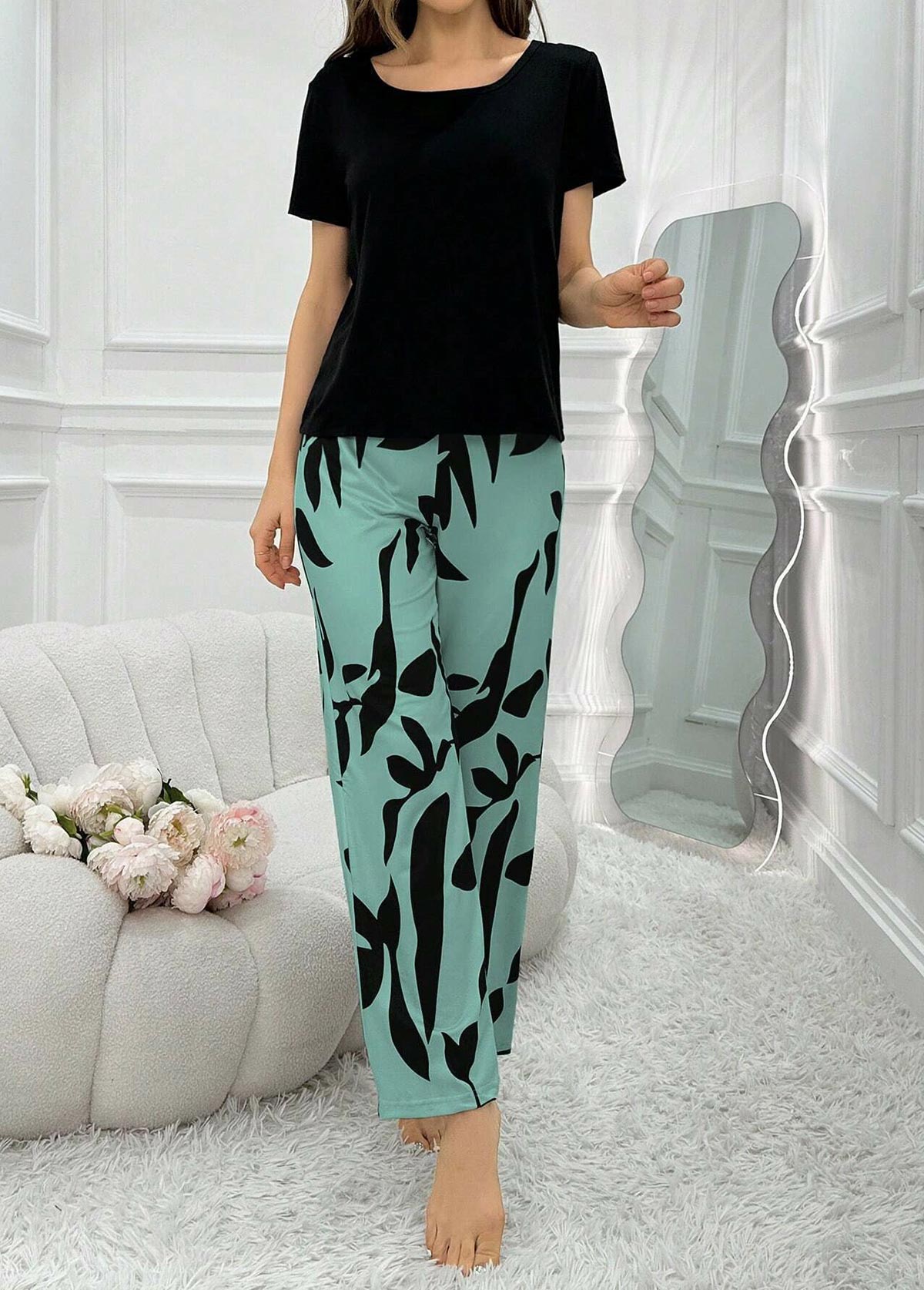 Mint Green Plants Print Lounge Top and Pants | picture 