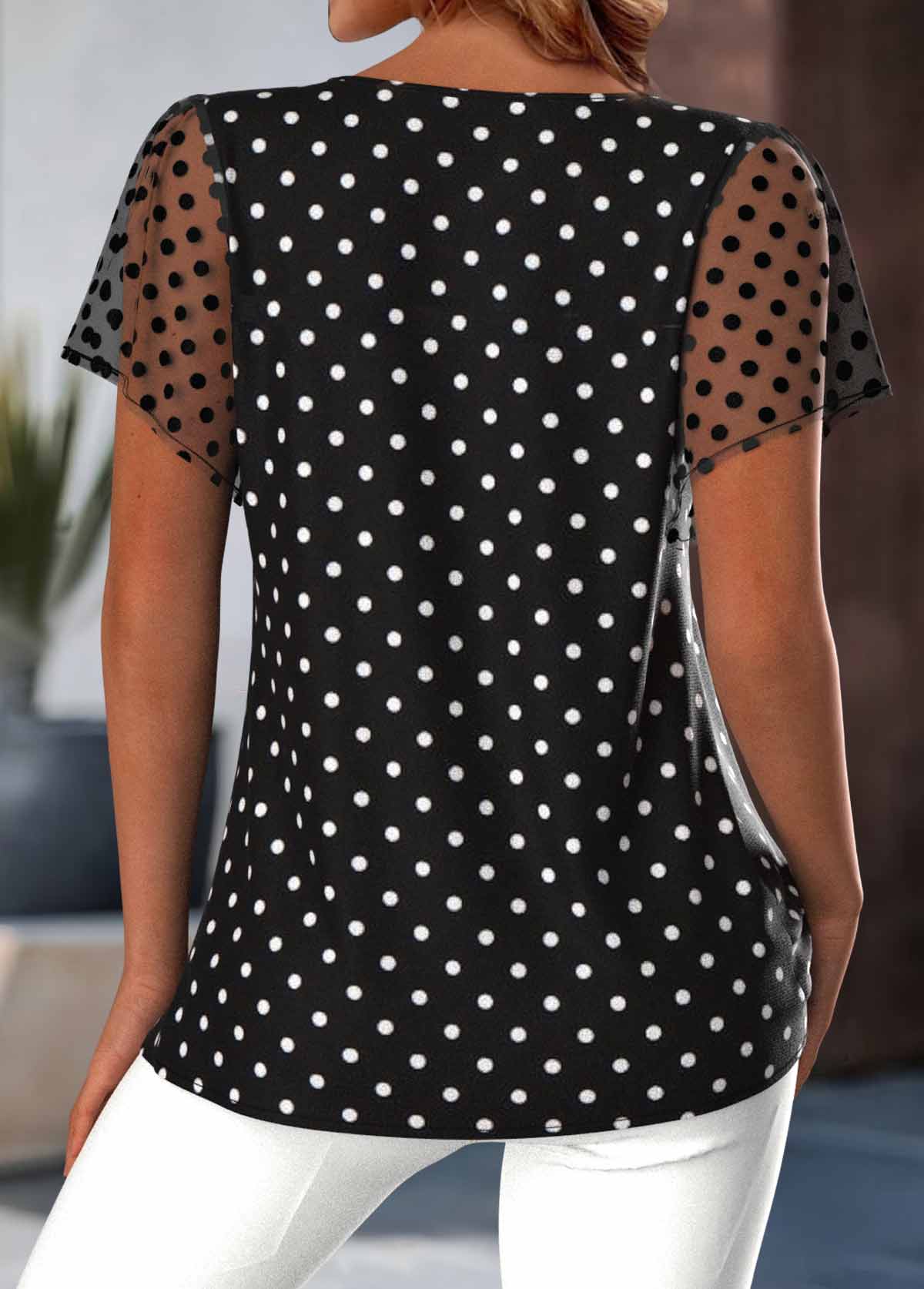 Black Polka Dot Short Sleeve Round Neck Blouse | picture 