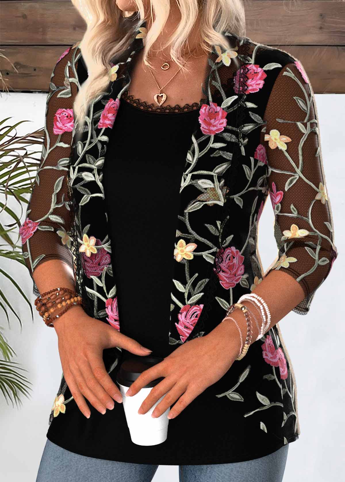 Black Floral Print 3/4 Sleeve Fake Two Piece Twinset | picture 