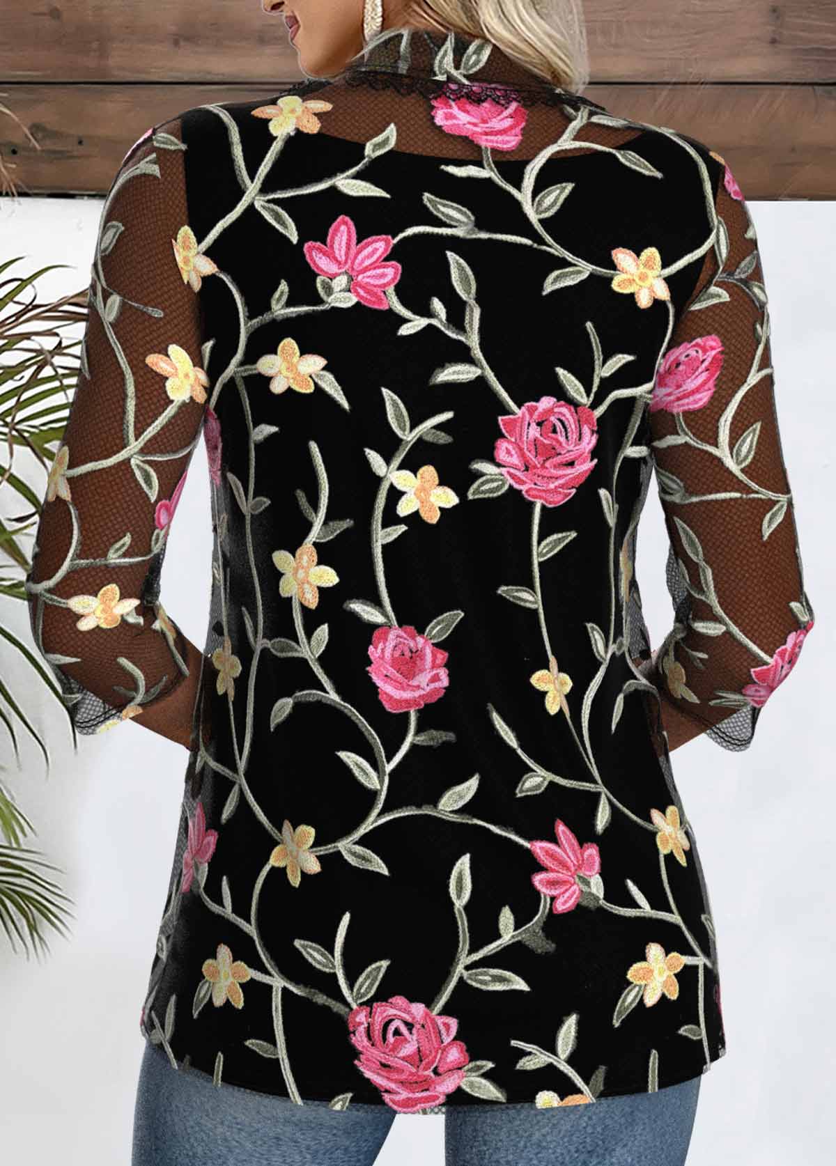 Black Floral Print 3/4 Sleeve Fake Two Piece Twinset | picture 
