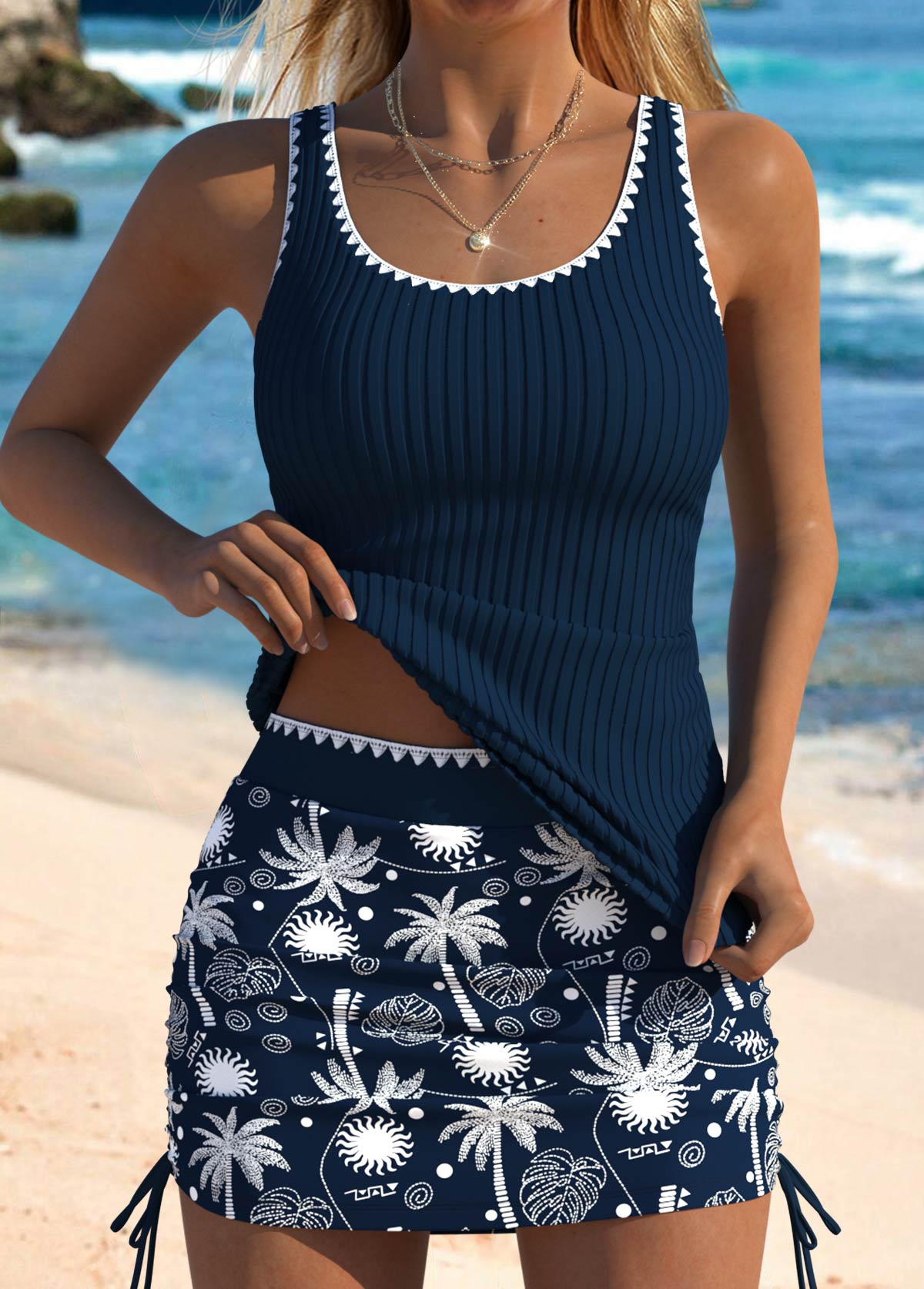 Mid Waisted Tropical Plants Print Navy Tankini Set | picture 