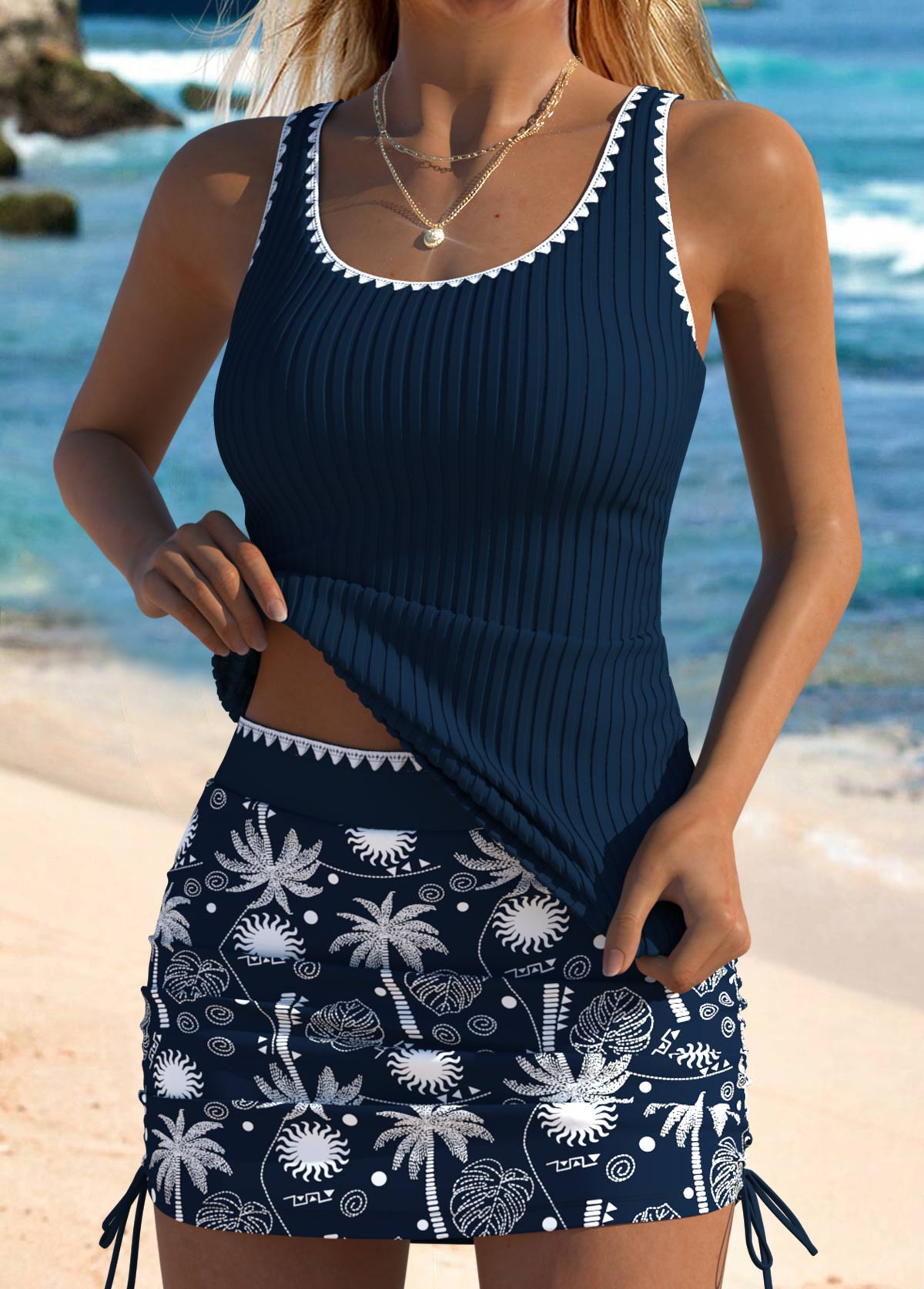 Mid Waisted Tropical Plants Print Navy Tankini Set | picture 