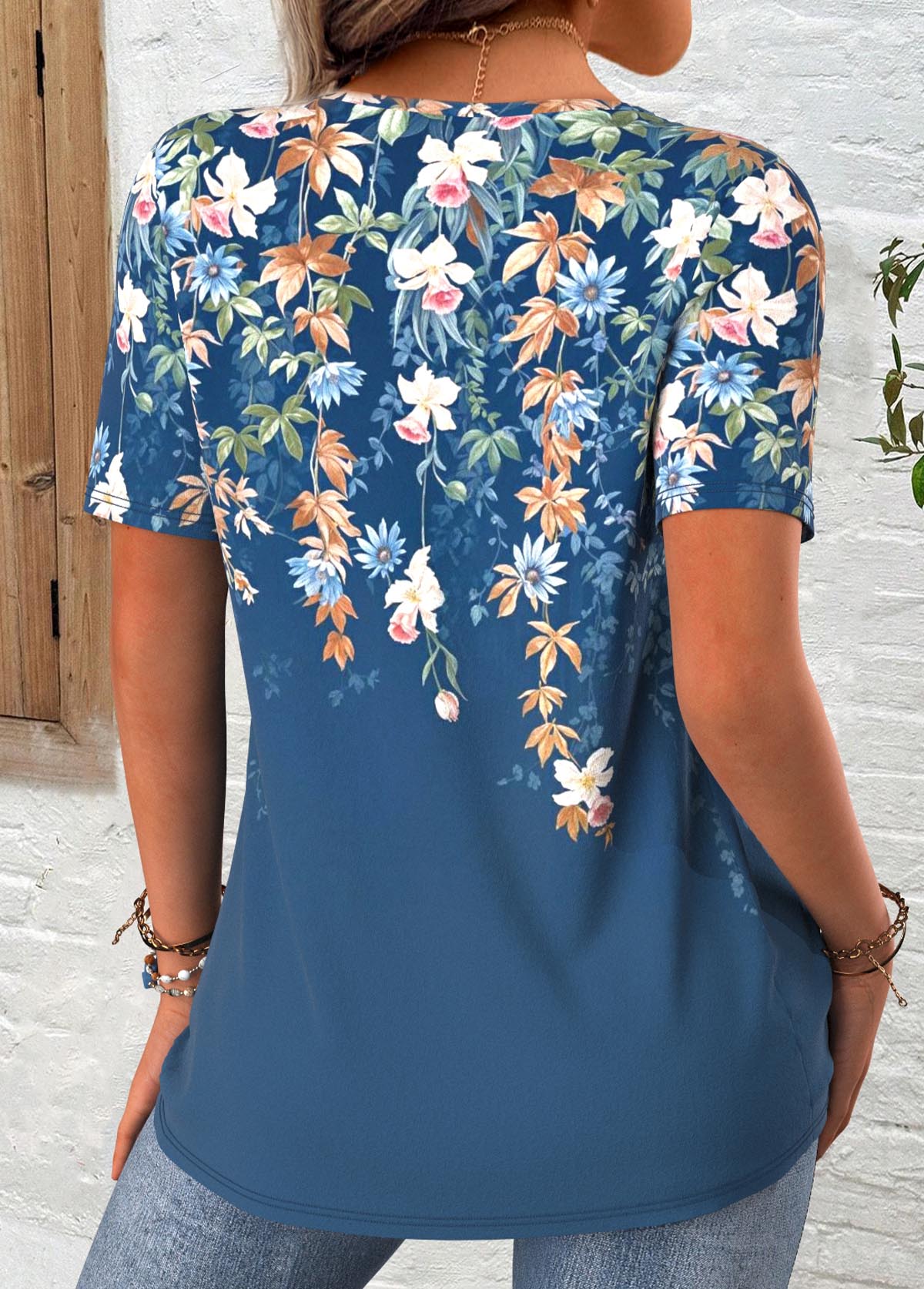 Peacock Blue Floral Print Short Sleeve T Shirt | picture 