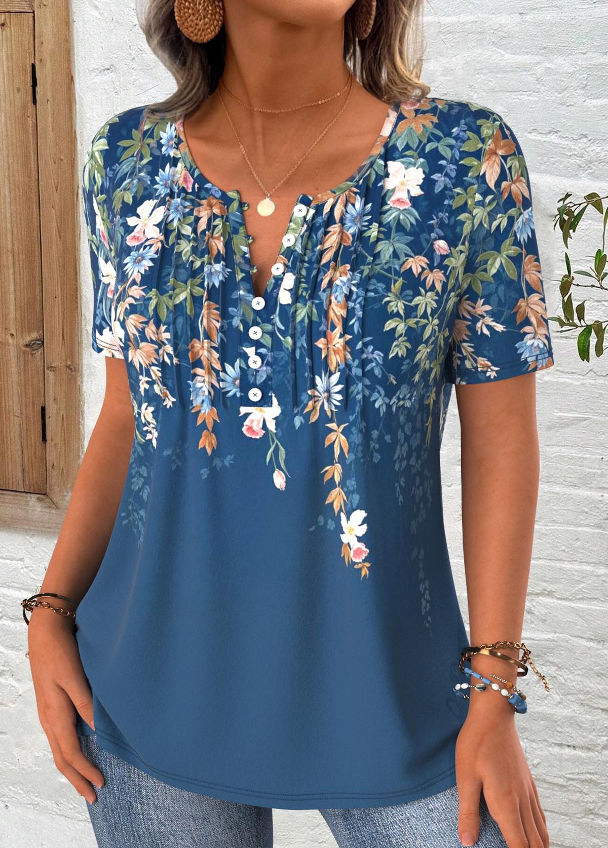 Peacock Blue Floral Print Short Sleeve T Shirt | picture 