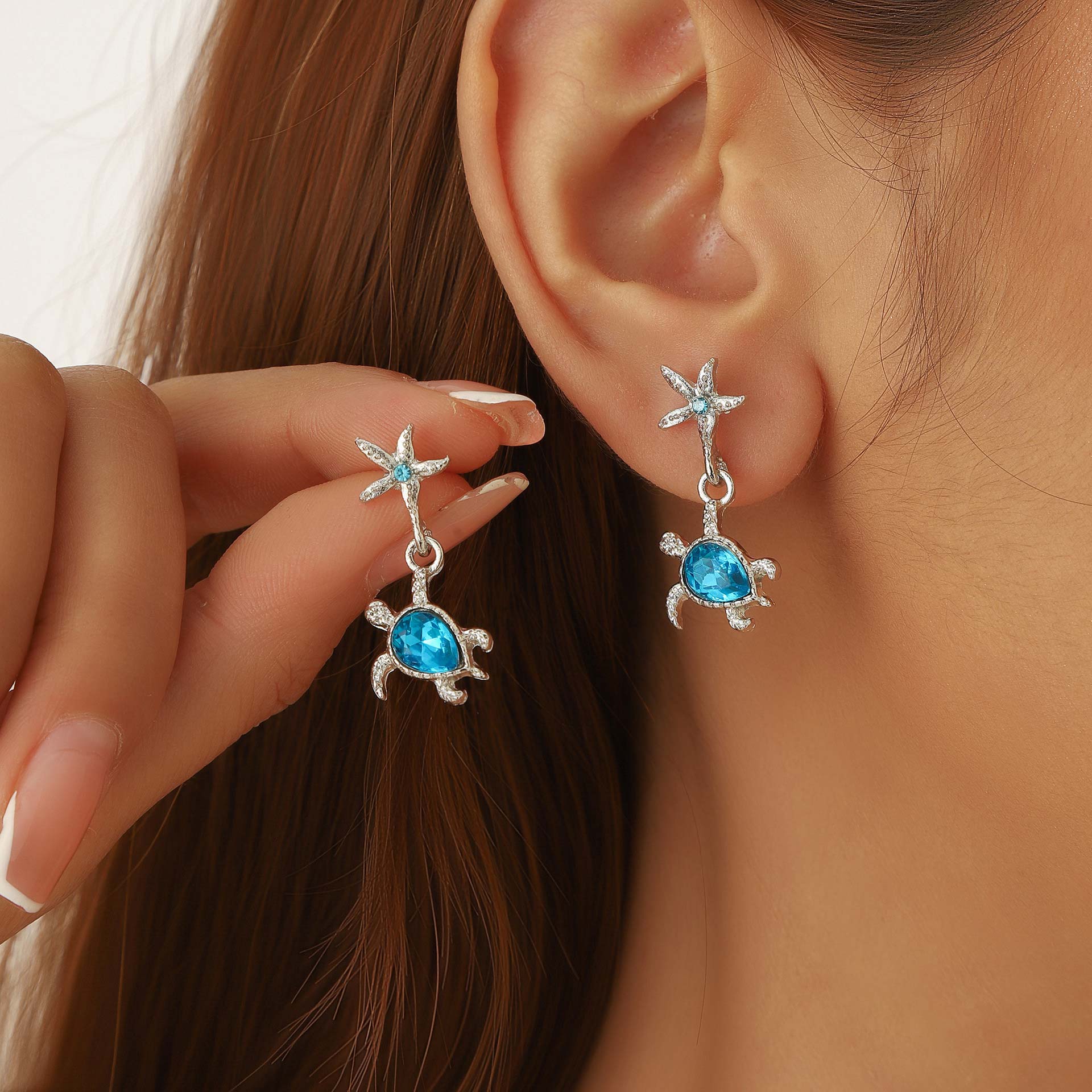 Neon Blue Starfish Turtle Alloy Earrings | picture 