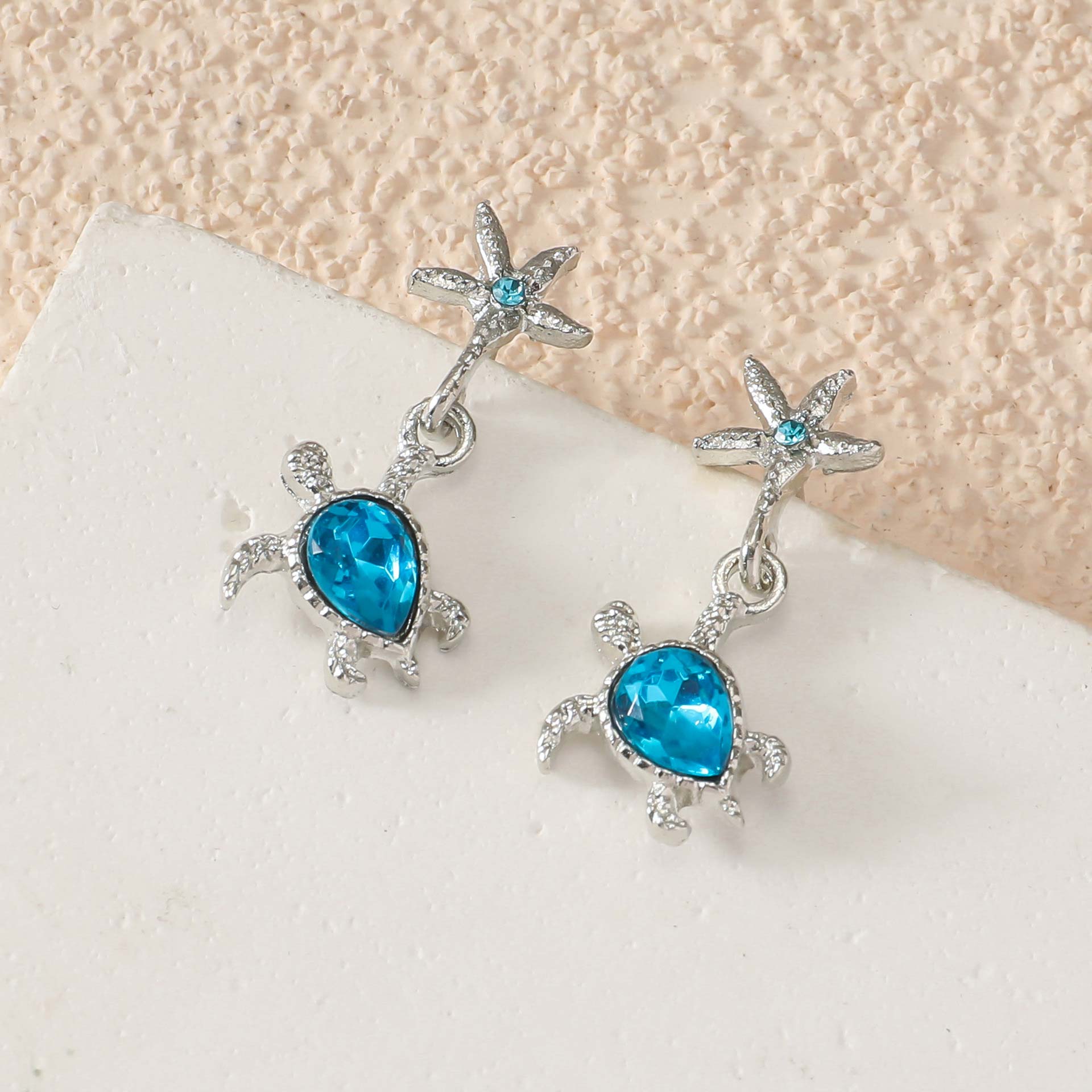 Neon Blue Starfish Turtle Alloy Earrings | picture 