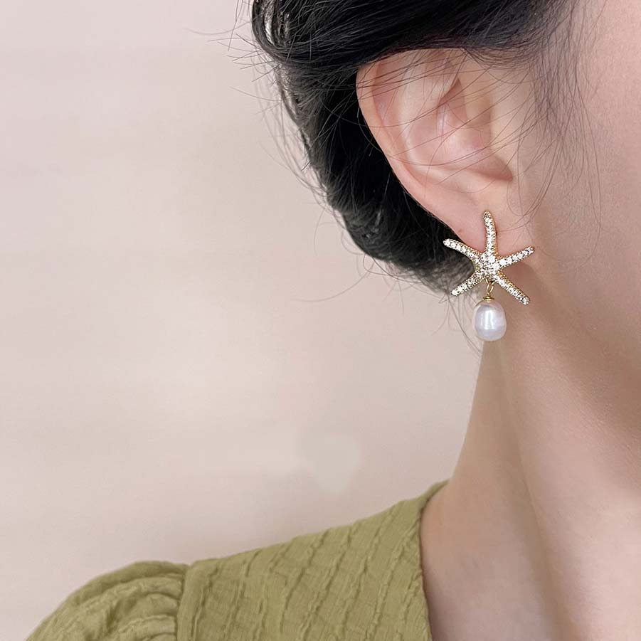 Golden Starfish Pearl Design Copper Earrings | picture 