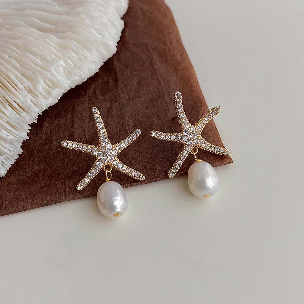 Golden Starfish Pearl Design Copper Earrings | picture 