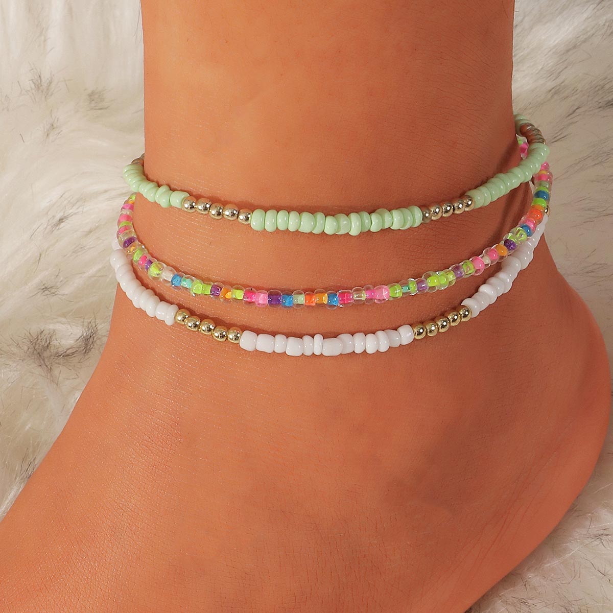 Modlily Light Green Seed Beads Anklet Set One Size