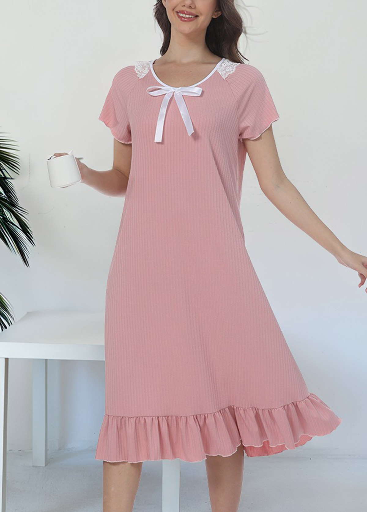 Light Pink Short Sleeve Round Neck Nightdress | picture 