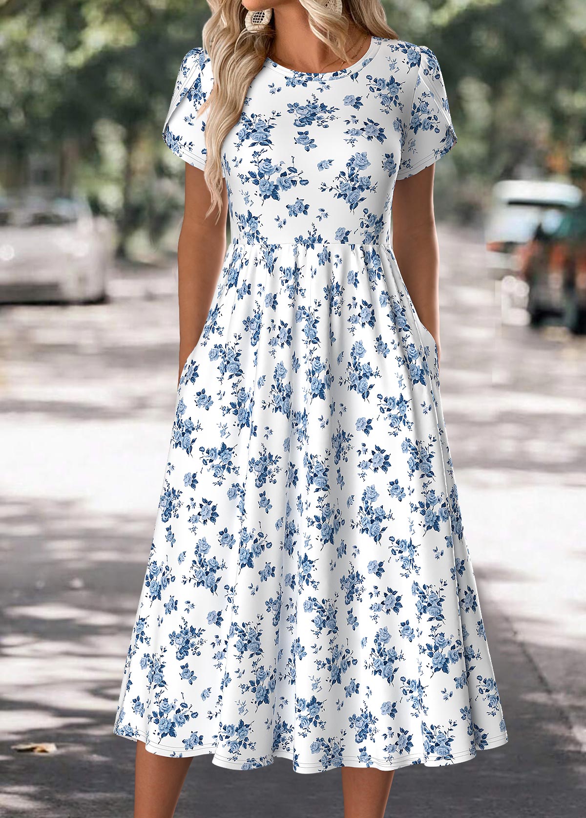 White Floral Print Short Sleeve Round Neck Dress | picture 