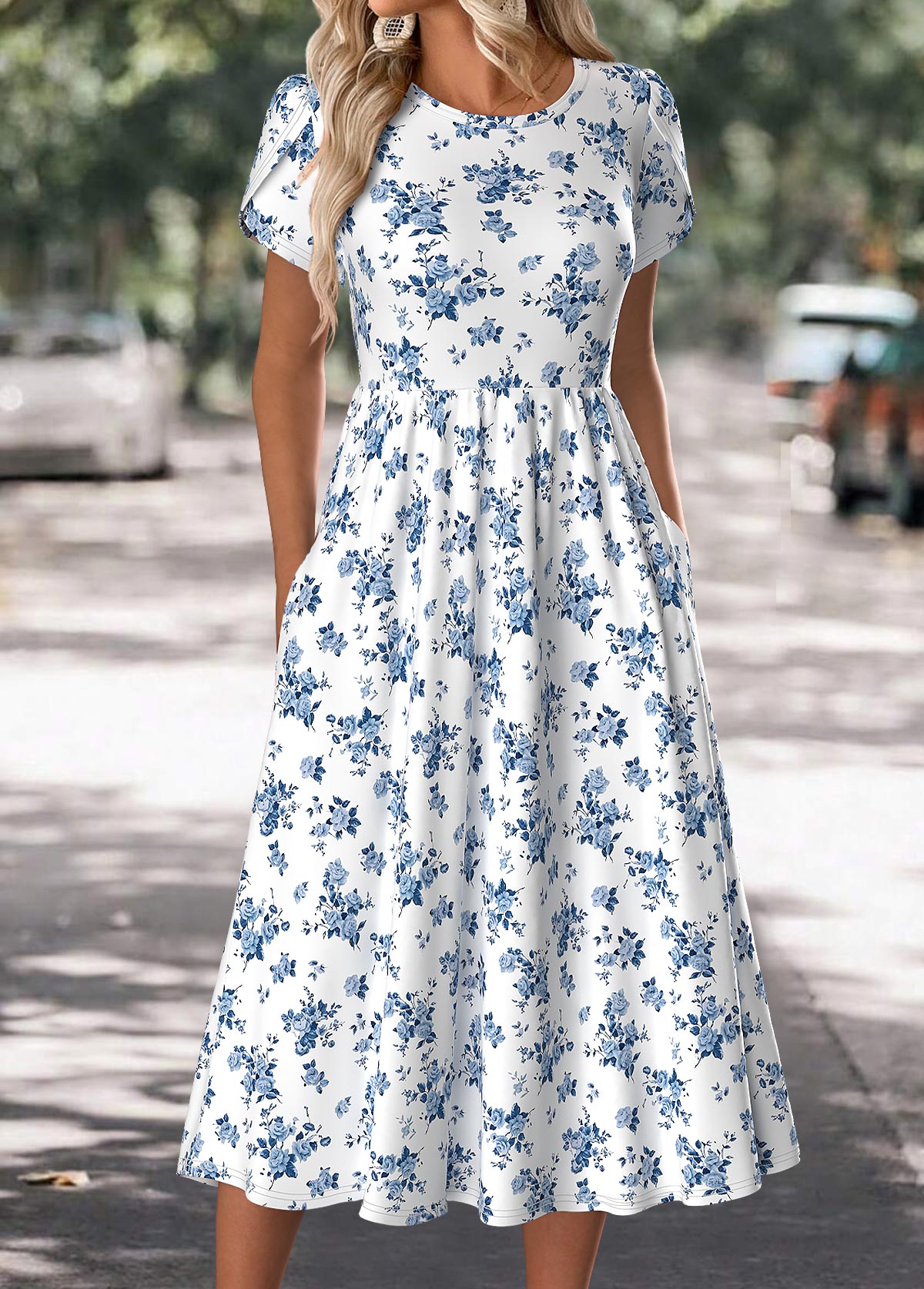 White Floral Print Short Sleeve Round Neck Dress | picture 