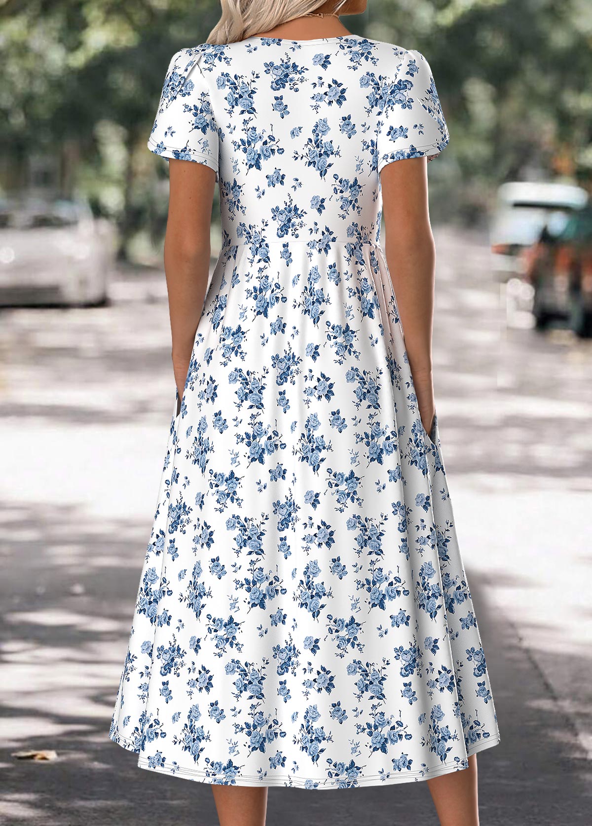 White Floral Print Short Sleeve Round Neck Dress | picture 