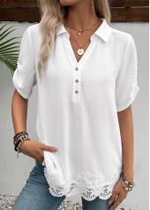White Short Sleeve Shirt Collar Blouse