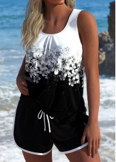 Tie Floral Print Black Tankini Set