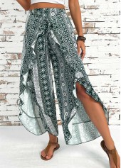 Blackish Green Tribal Print Wide Leg Elastic Waist Pants
