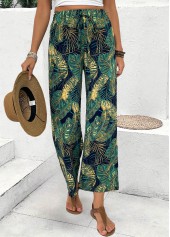 Turquoise Plants Print Wide Leg Elastic Waist Pants | thumb picture 