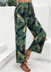 Turquoise Plants Print Wide Leg Elastic Waist Pants | thumb picture 