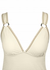 Ruched Mid Waisted Tropical Plants Print Beige Tankini Set | thumb picture 