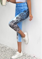 Light Blue Floral Print Skinny Elastic Waist Pants | thumb picture 