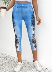 Light Blue Floral Print Skinny Elastic Waist Pants | thumb picture 