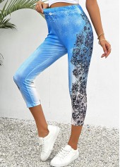 Light Blue Floral Print Skinny Elastic Waist Pants | thumb picture 