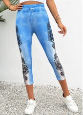 Light Blue Floral Print Skinny Elastic Waist Pants | thumb picture 