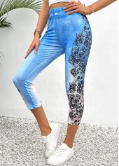 Light Blue Floral Print Skinny Elastic Waist Pants