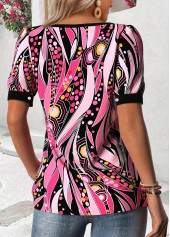 Pink Geometric Print Short Sleeve Asymmetrical Neck T Shirt | thumb picture 