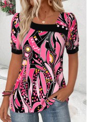Pink Geometric Print Short Sleeve Asymmetrical Neck T Shirt