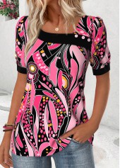 Pink Geometric Print Short Sleeve Asymmetrical Neck T Shirt | thumb picture 
