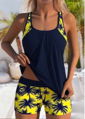 Mid Waisted Tropical Plants Print Navy Tankini Set