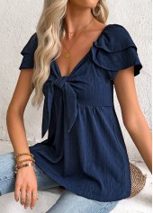 Navy Peplum Short Sleeve V Neck Blouse | thumb picture 