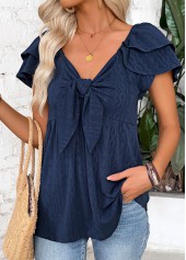 Navy Peplum Short Sleeve V Neck Blouse | thumb picture 
