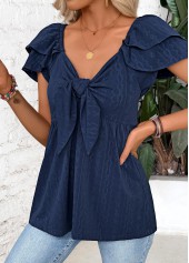 Navy Peplum Short Sleeve V Neck Blouse | thumb picture 