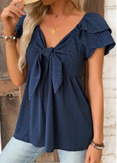Navy Peplum Short Sleeve V Neck Blouse | thumb picture 