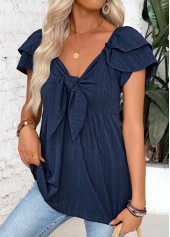 Navy Peplum Short Sleeve V Neck Blouse