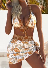 Mid Waisted Paisley Print Light Coffee Bikini Set