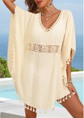 Beige Patchwork V Neck Tassel Cover Up | thumb picture 