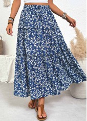 Blue Ditsy Floral Print A Line Elastic Waist Skirt