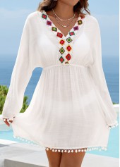 White Patchwork V Neck Cover Up