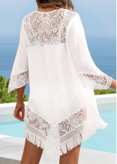 White Round Neck 3/4 Sleeve Fringe Cover Up | thumb picture 