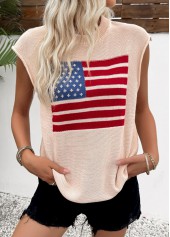 Beige American Flag Print Sleeveless Round Neck Tank Top