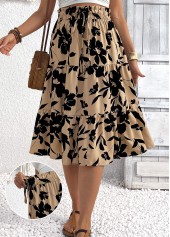 Light Camel Floral Print A Line Elastic Waist Skirt