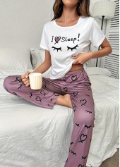 Dark Reddish Purple Letter Print Lounge Top and Pants
