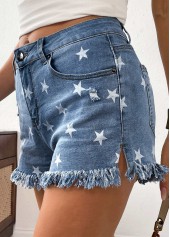 Denim Blue Star Print Button Fly High Waisted Shorts | thumb picture 